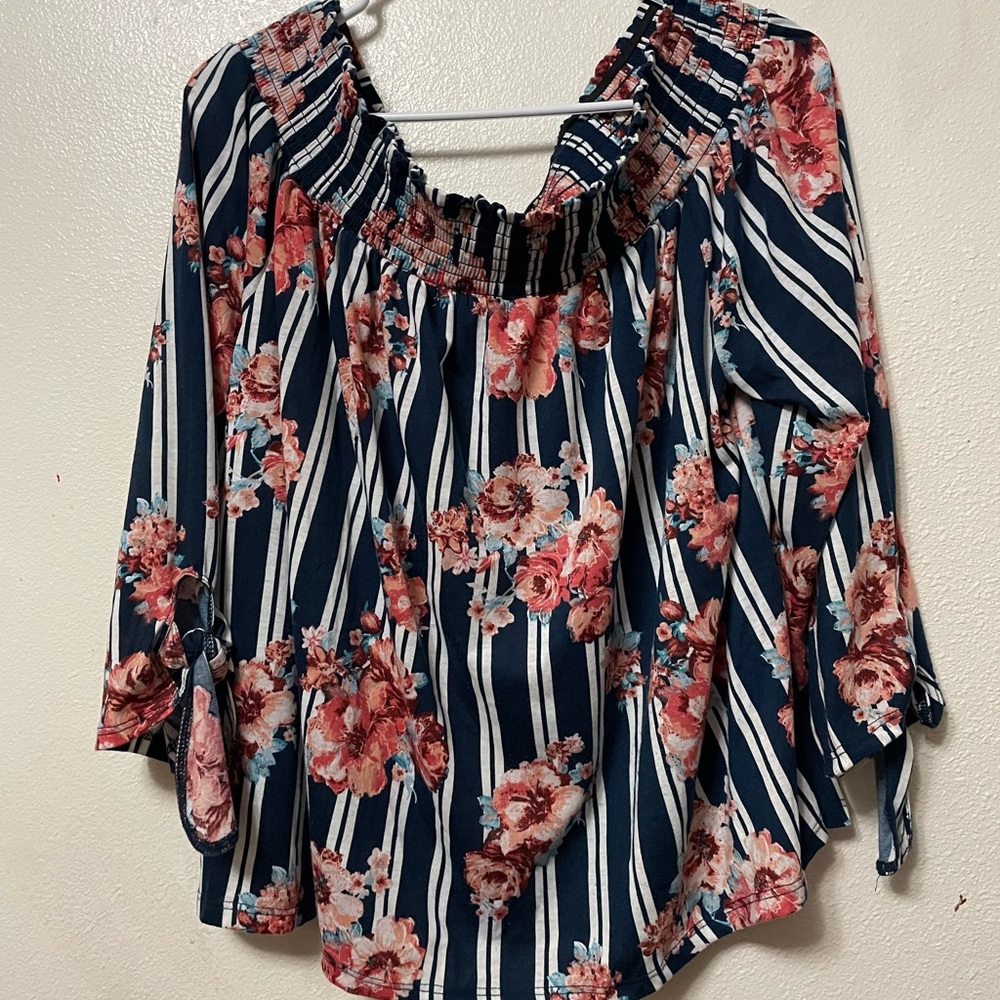 Dark blue white strip flower shirt